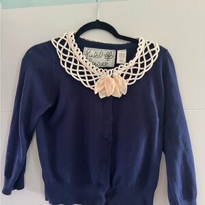 Navy blue retro 1950s cashmere cardigan, 3/4 sleeve with Cream Collar